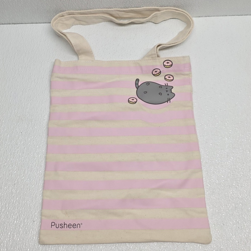 Pusheen Cat Donuts Beige Pink Striped Tote Bag 2016
